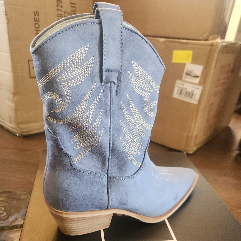 Light Blue Suede Western-Inspired Ankle Bootie with Silver Stitching